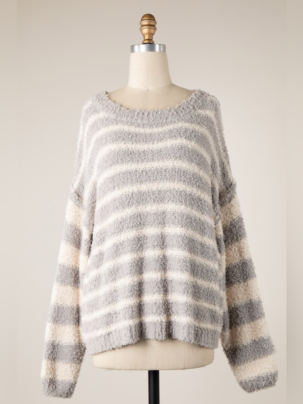 Miracle SILVER/BEIGE Striped Fuzzy Knit Sweater